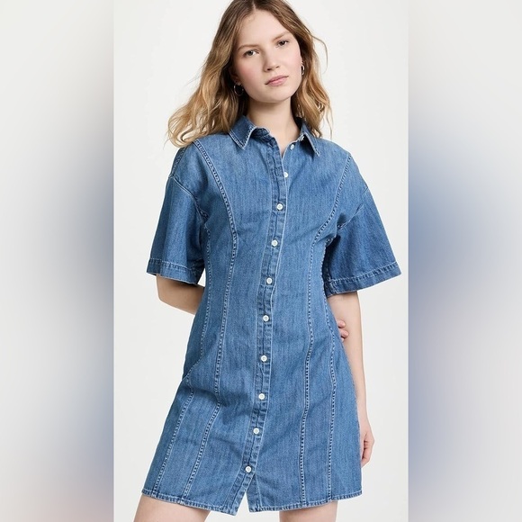 Frame Seam Detail Denim Mini Dress in Shoreline Wash - Picture 3 of 14